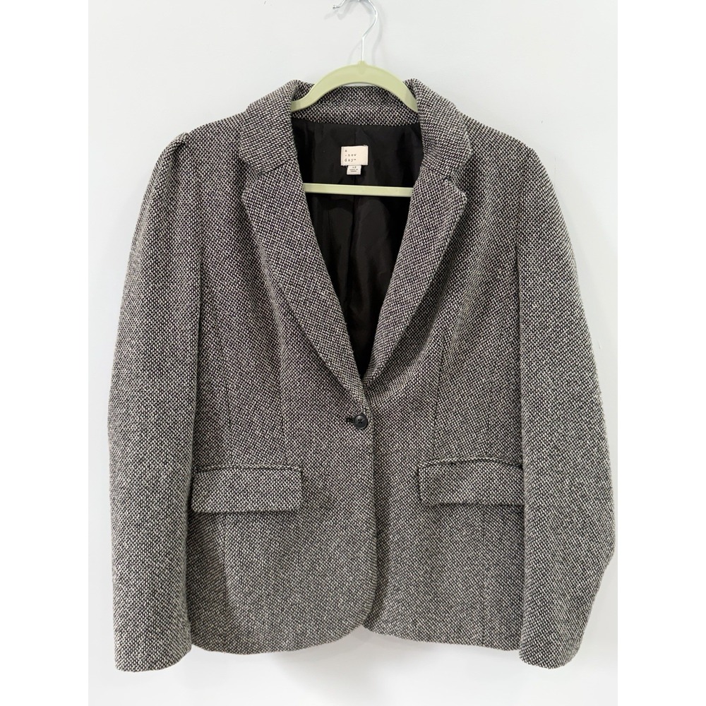 A New Day Women's Medium Tweed Blazer Brown Gray Wool Blend Front Pockets Jacket - Picture 3 of 8